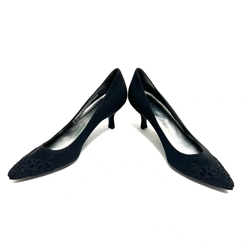 Vintage 1990s deadstock black nylon rhinestone lace pointed toe kitten heels